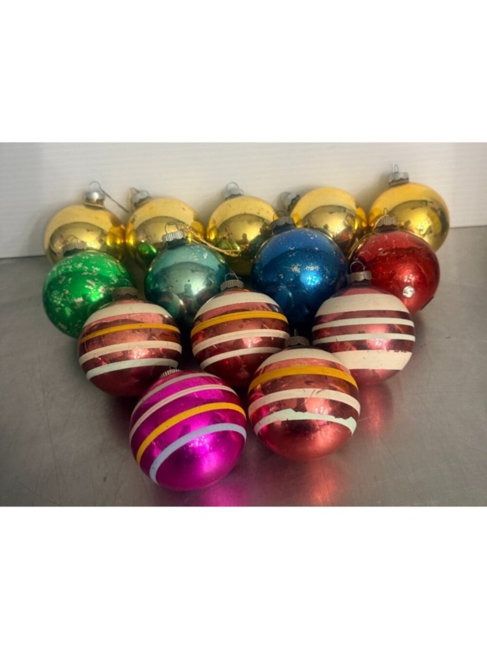 14  Vintage SHINY BRITE  Ornaments stripe & solid 4"